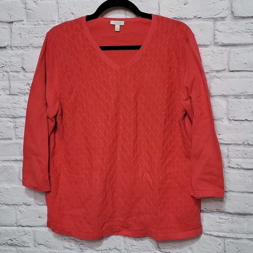 Talbots Women's 1X Coral Cable knit 3/4 sleeve V-neck Sweater